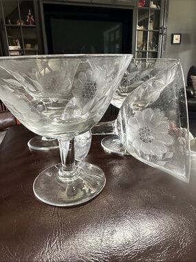 Vintage Hughes Etched Cornflower Glass Dessert/Champagne Coupe - set of 4